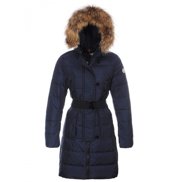 Moncler lunga Blu Fur Cap e cinturino Cappotti uscita